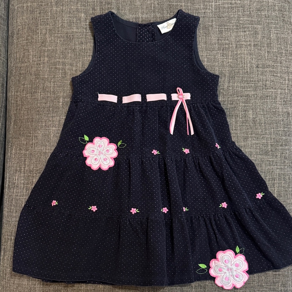 🌸 Rare Editions Corduroy Dress | Navy Pink Floral Appliqué Vintage early 2000’s